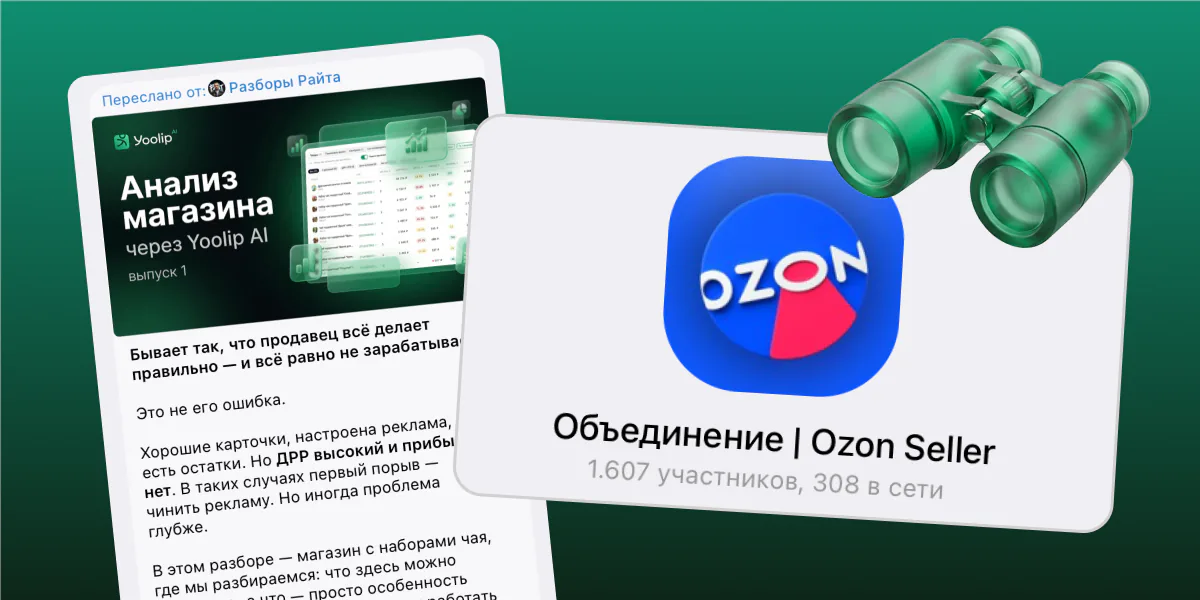 Разбор магазина через Yoolip AI в Telegram и сообщество «Объединение | Ozon Seller»